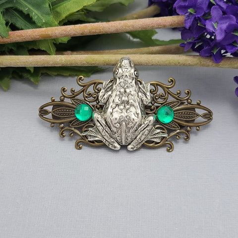 Antiqued-Brass-Filigree-Barrette-with-Silver-Frog-Design