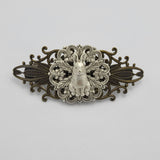 Antiqued Brass Filigree Barrette with Silver Rabbit Design.