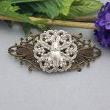 Antiqued Brass Filigree Barrette with Silver Rabbit Design.