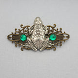 Handmade Antiqued Brass Filigree Barrette with Silver Frog Design.