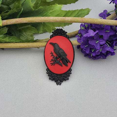 Crow on Red Cameo  Frame Brooch Unique Victorian Pin.