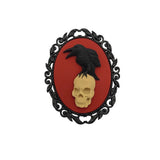 Crow on Skull Cameo Black Frame Brooch Unique Victorian Pin for Jacket Hat Scarf.