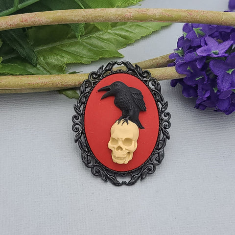 Crow on Skull Cameo Black Frame Brooch Unique Victorian Pin for Jacket Hat Scarf.