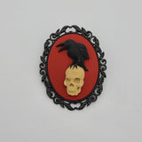 Crow on Skull Cameo Black Frame Brooch Unique Victorian Pin for Jacket Hat Scarf.