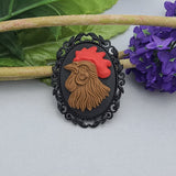 Rooster Cameo Black Frame Brooch Unique Victorian Pin for Jacket Hat Scarf.