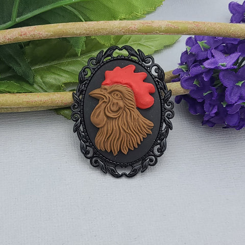 Rooster Cameo Black Frame Brooch Unique Victorian Pin for Jacket Hat Scarf.