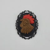 Rooster Cameo Black Frame Brooch Unique Victorian Pin for Jacket Hat Scarf.