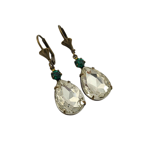 Vintage Clear Crystal Teardrop Dangle Prong Setting Earrings.