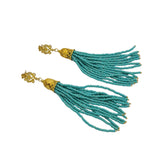 Turquoise Seedbeds Tassel with Gold Cubic Zirconia Ear Stud Dangle Earrings.