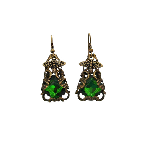 handmade-earrings-featuring-green-crystal-stones-wrapped-in-intricate-filigree-with-delicate-bee-design