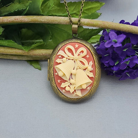 Christmas Theme Bell  Cameo Locket Necklace Jewelry.