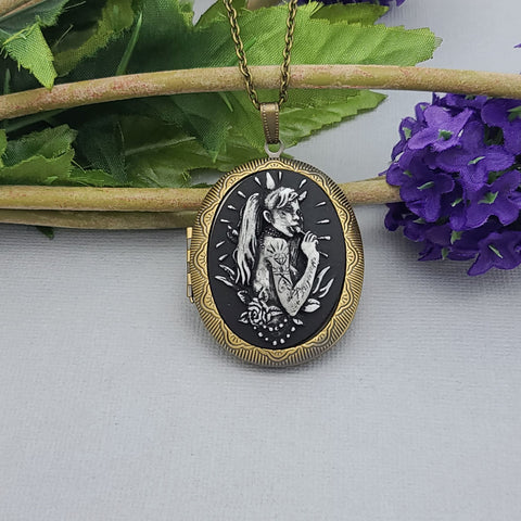 Ox Brass Oval Locket Devil Girl Cameo Photo Locket.