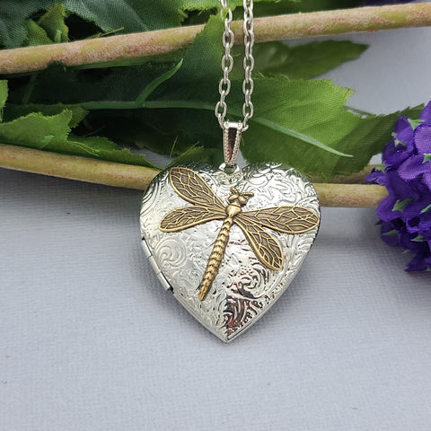 Heart Silver Dragonfly  Keepsake Photo Locket Vintage Jewelry Gift for Her Locket Necklace