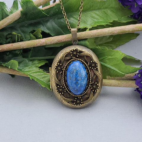 Ox Brass Oval Locket Lapis Lazuli Gem Stone Photo Locket