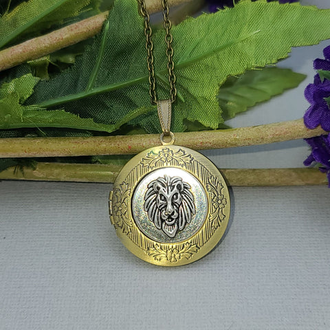 Ox Brass Round Silver Lion Photo Locket Vintage Jewelry Gift  Locket Necklace .