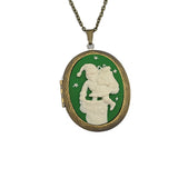 Christmas Theme Santa Claus Green Cameo Locket Necklace Jewelry.