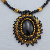 Black Onyx with Seed Beads Beadwork Necklace and Earrings Set.