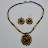 Black Onyx with Seed Beads Beadwork Necklace and Earrings Set.