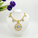 Blue Sapphire Crystal Woven Gold Plated Seedbeds Handmade Necklace.