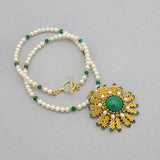 Malachite White Pearl Beadwork  Bead Woven  Seed Beads  Handmade Necklace.