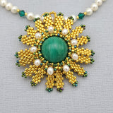 Malachite White Pearl Beadwork  Bead Woven  Seed Beads  Handmade Necklace.