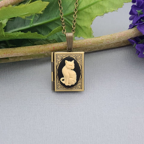 ox-brass-book-photo-locket-cat-cameo-necklace-handmade-jewelry