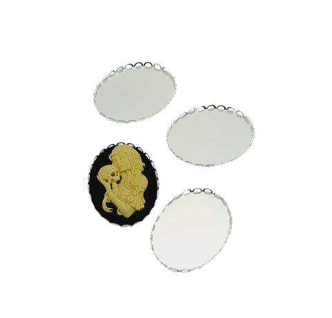 Cabochon Cameo Settings Oval Bezel Lace Edge Silver Plated over Brass.