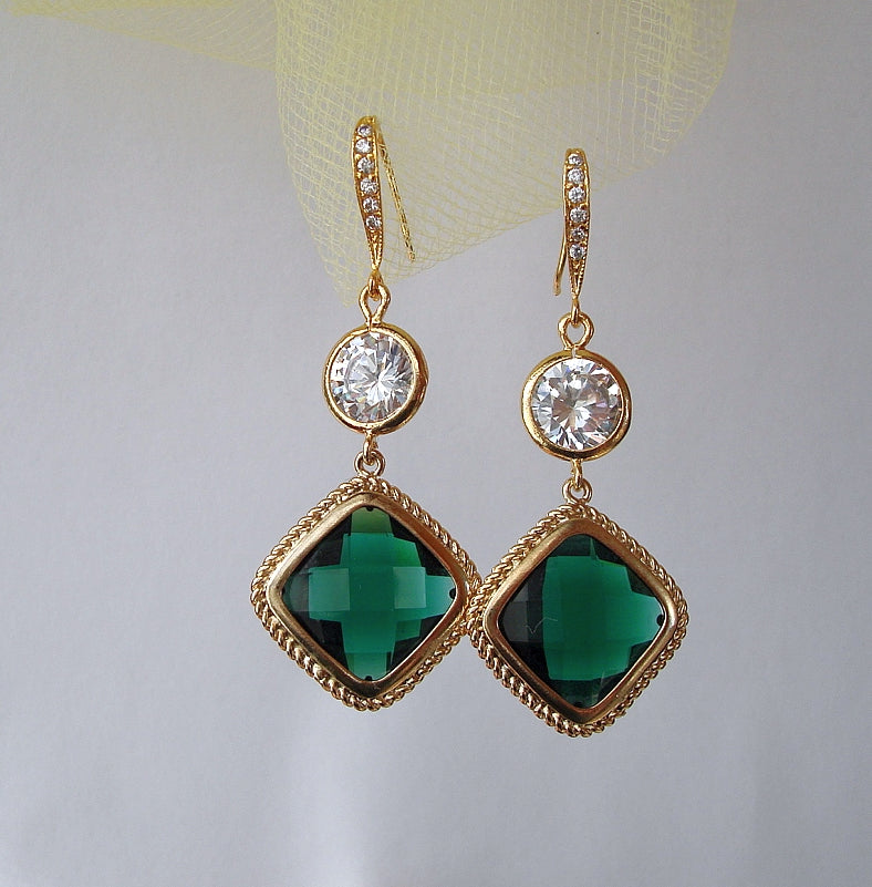 Gold Framed Emerald Bridal Square and Clear Cubic Zirconia Wedding Ear ...