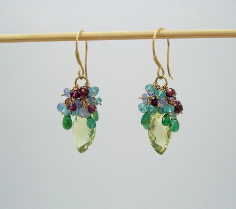 beautiful-handcrafted-earrings-lemon-quartz-tanzanite-garnet-emerald-14K-gold-filled-wire