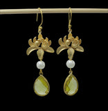 lime-teardrop-matte-gold-flower-handmade-earrings